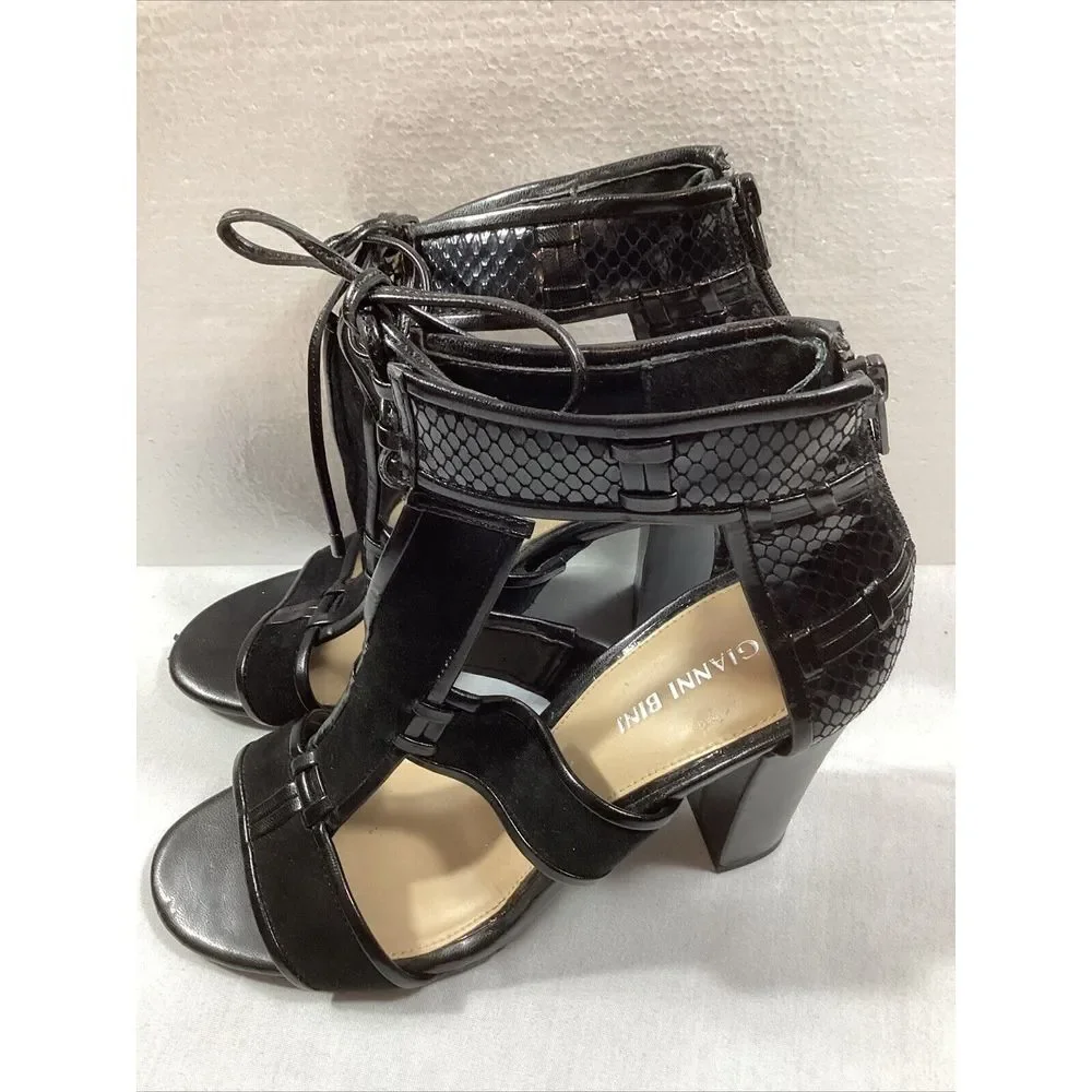 Gianni Bini Women 8 Black Heels Leather Suede T Strap Block‎ Shoes 3058
